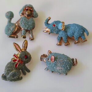Vtg 50s Set 4 Made in Korea Scatter Animal Brooches Elephant Pig Bunny Poodle